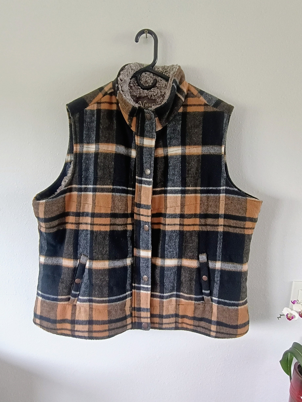 Natural Reflections Sherpa Lined Plaid Vest Tan Brown Full Zip 1X Cozy